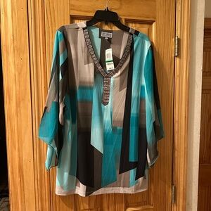 JM Collection Teal and Black Geometric Tunic